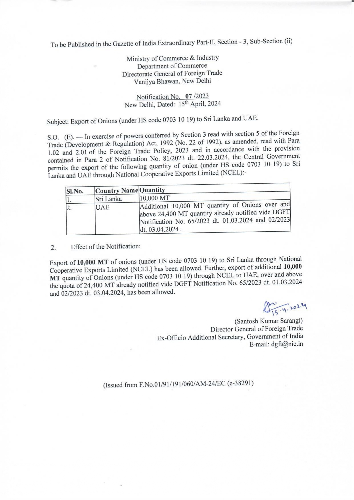 Export of onions 22 April 2024 Notification