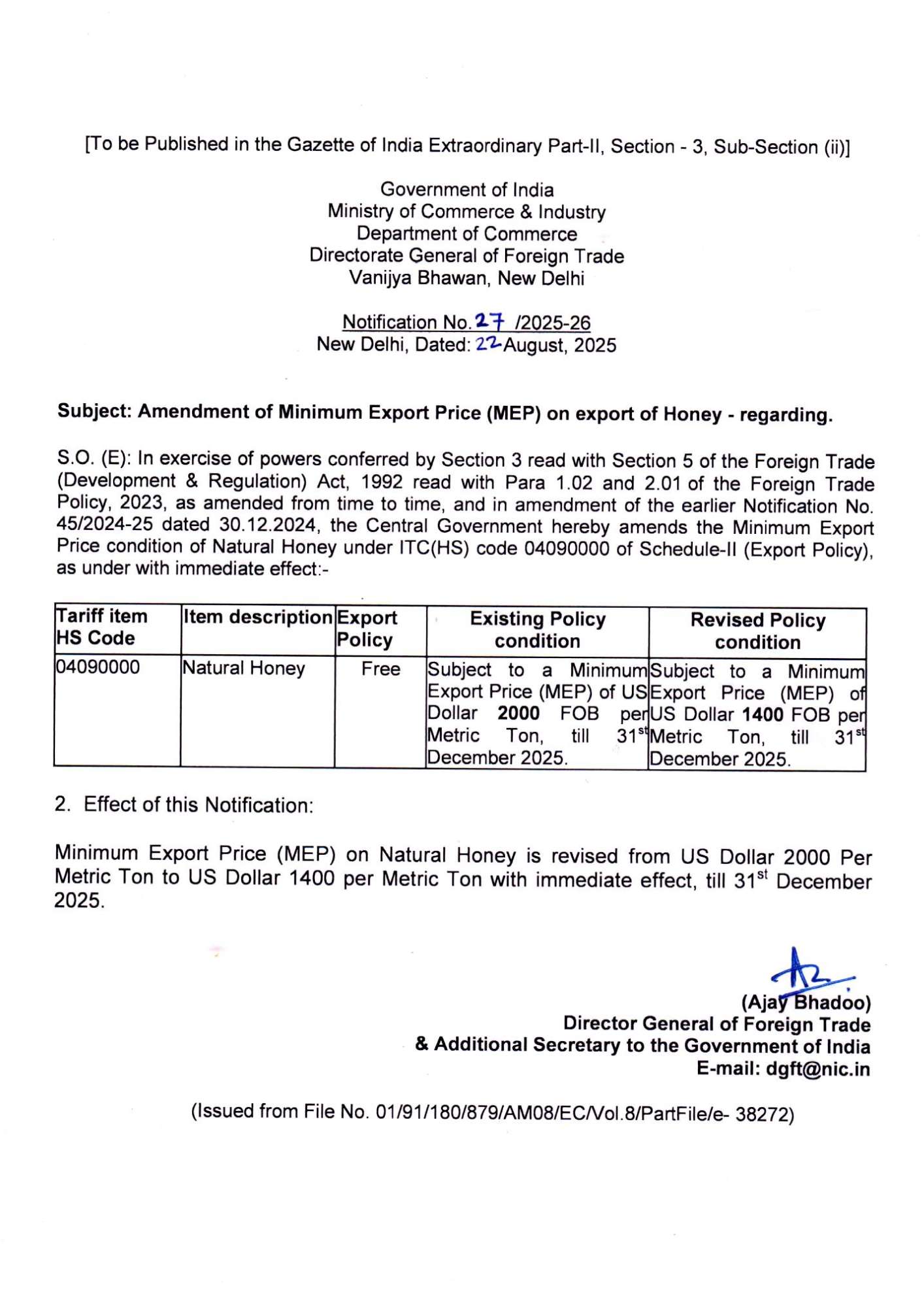 Honey Export Policy Update ✅ MEP cut to USD 1400/MT FOB ✅ Valid till 31st Dec 2025